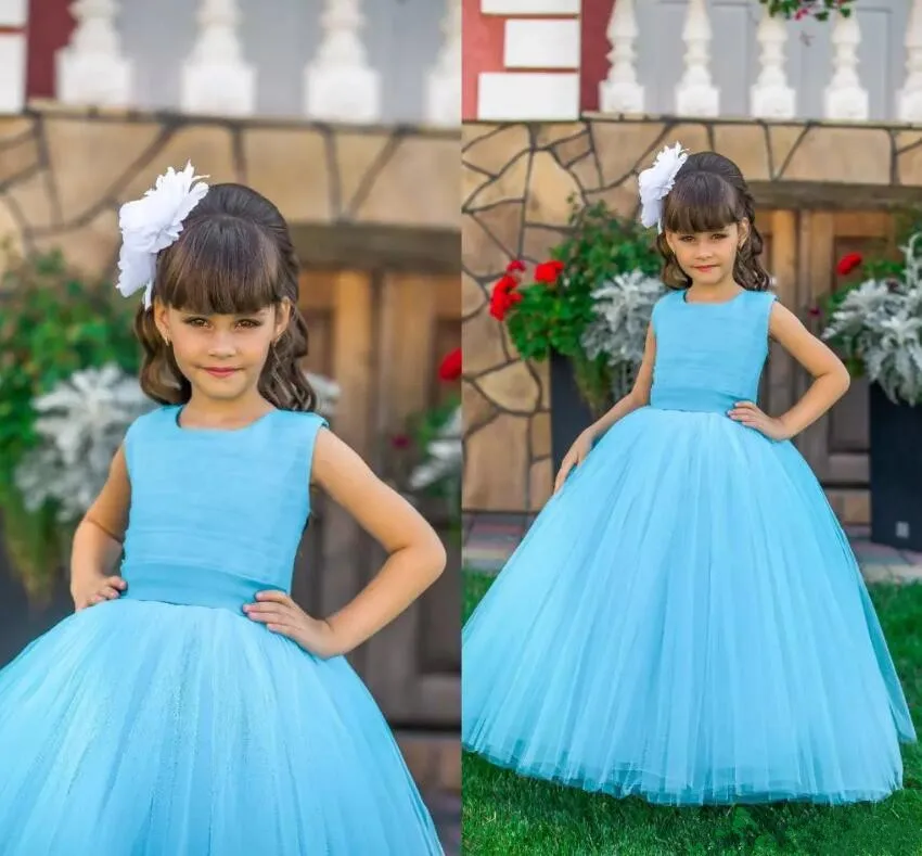 New Blue Puffy Tulle Flower Girl Dress for Wedding Little Pageant Dresses with Belt Customized Kids Prom Cheap Price | Детская одежда и