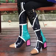 Mstacchi новейший смешанный Цвет сапоги до бедра Для женщин Зимние сапоги на высоком толстом каблуке Женская обувь в стиле пэчворк из квадратный носок сапоги до колена