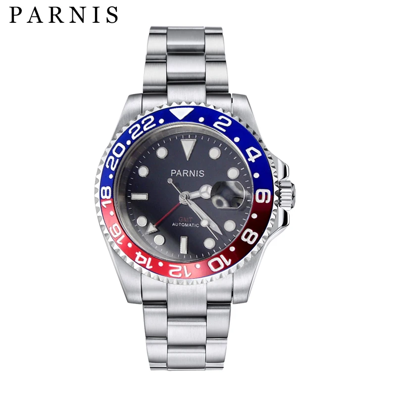 Men s Mechanical 40mm Parnis Watches Rotating Ceramic Bezel Full Stainless Steel Sapphire Wristwatch GMT Automatic