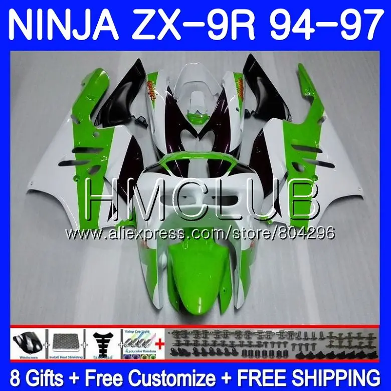 

Bodys Green white For KAWASAKI NINJA ZX900 ZX-9R 94 95 96 97 46HM.6 ZX 9 R 94 97 ZX 9R 900CC ZX9R 1994 1995 1996 1997 Fairing