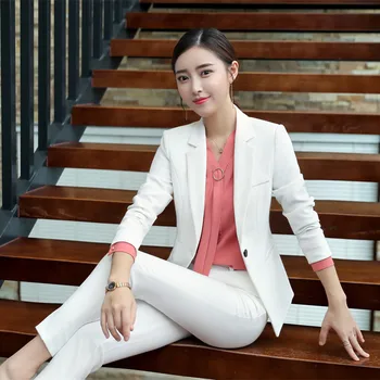 

IZICFLY Formal Jackets Women Pant Suit Elegant Slim Business Lady White Blazer Suit with Trouser Traje Formal Mujer Office Wear