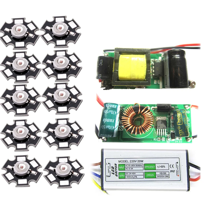 

10pcs 2W 3W 45mil Deep Red 660nm ~ 665nm EPISTAR 20mm / 16mm Base Plates LED Bead Chip For Plant Grow + 20W AC / DC LED Driver