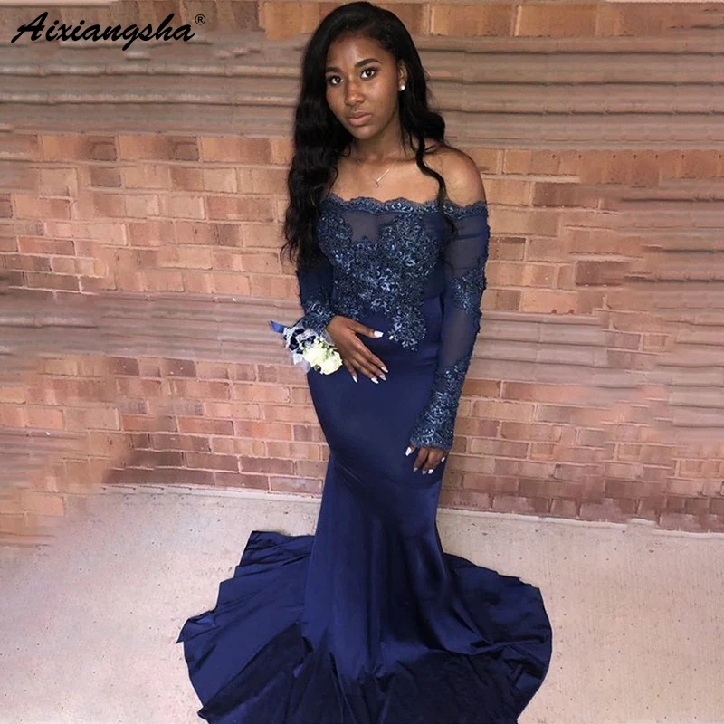 Сексуальное темно-синее платье для выпускного вечера в африканском стиле «русалка» 2019, с длинными рукавами, с аппликацией из бисера, с