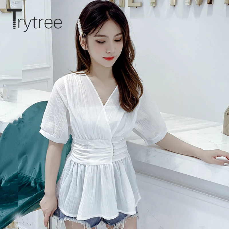 

Ttytree Summer Blouses Women Solid 3 Colors Casual V-neck Shirt Women Buttons Elastic Waist Tops Fashion Office Lady Thin Shirts
