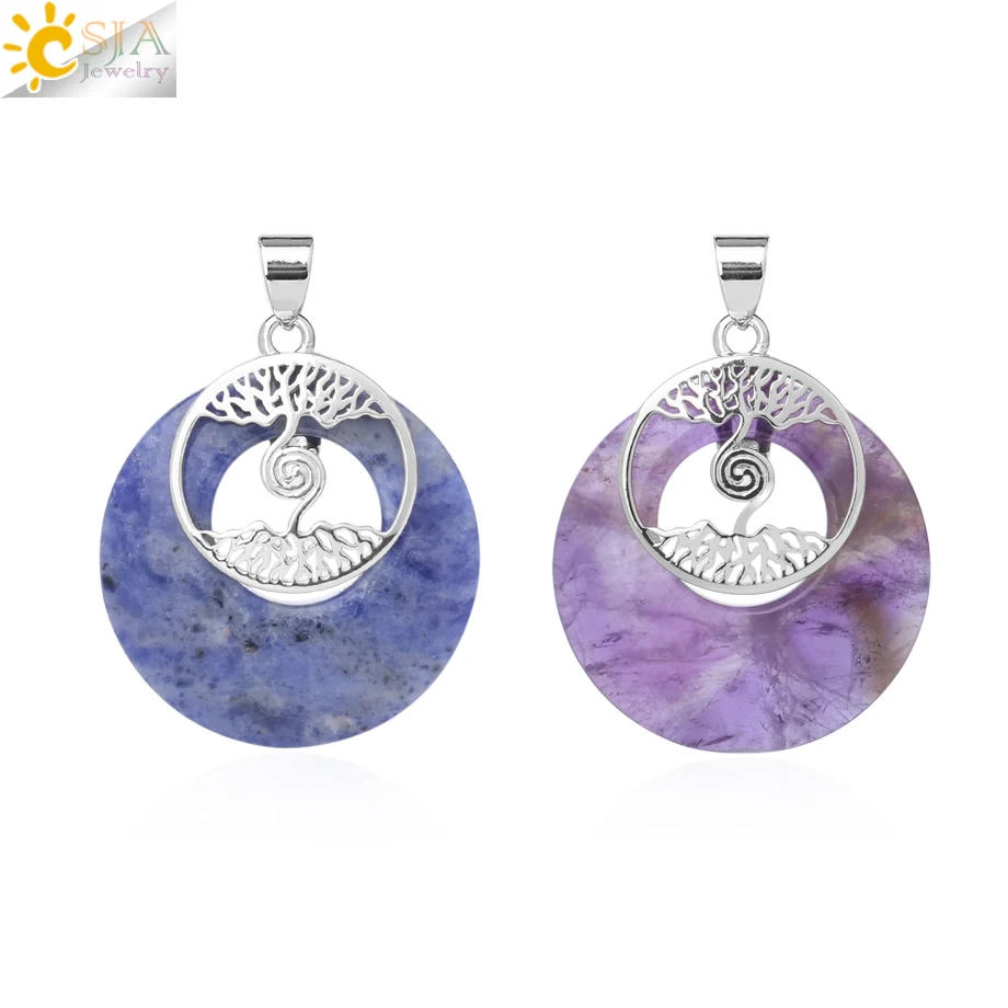 

CSJA Round Natural Stone Pendant for Necklace Two Tree of Life Crystal Jewelry Purple Quartz Lapis Lazuli Girlfriend Gifts F839