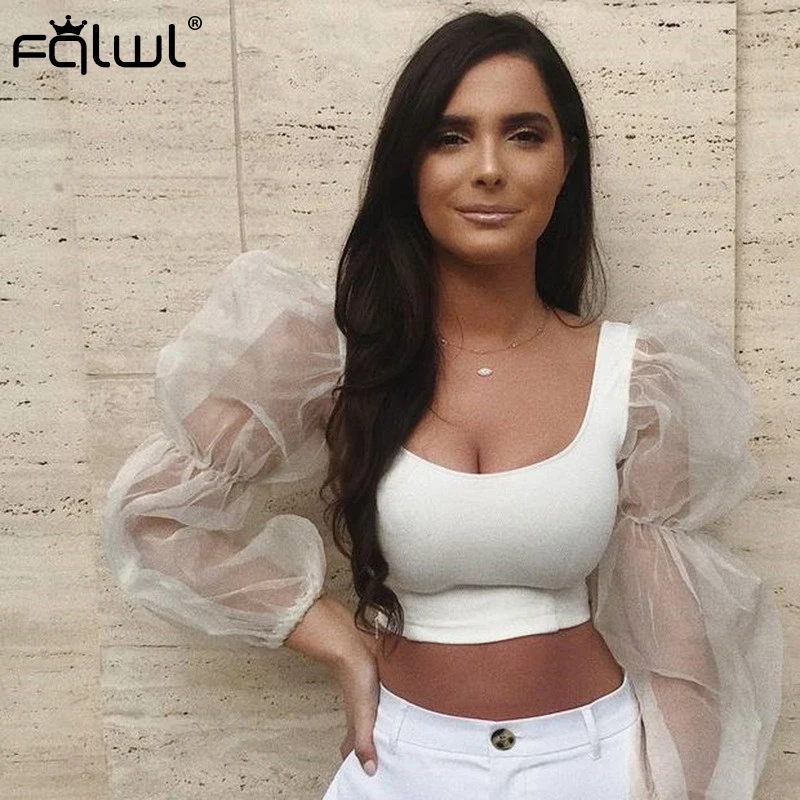 

FQLWL Patchwork Summer White T Shirt Women Puff Long Sleeve Mesh Crop Top Female Backless Tee Shirt Sexy Bodycon T-shirt Women