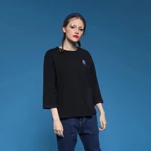 Харадзюку модная женская Свободная футболка темно-синяя полурукав Круглый Вырез Весна и лето список из хлопка с мультяшным принтом