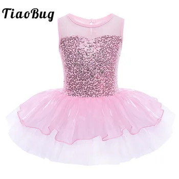 

TiaoBug Girls Sleeveless Shiny Sequined Rhinestones Professional Ballet Tutu Leotard Dress Children Stage Lyrical Dance Costumes