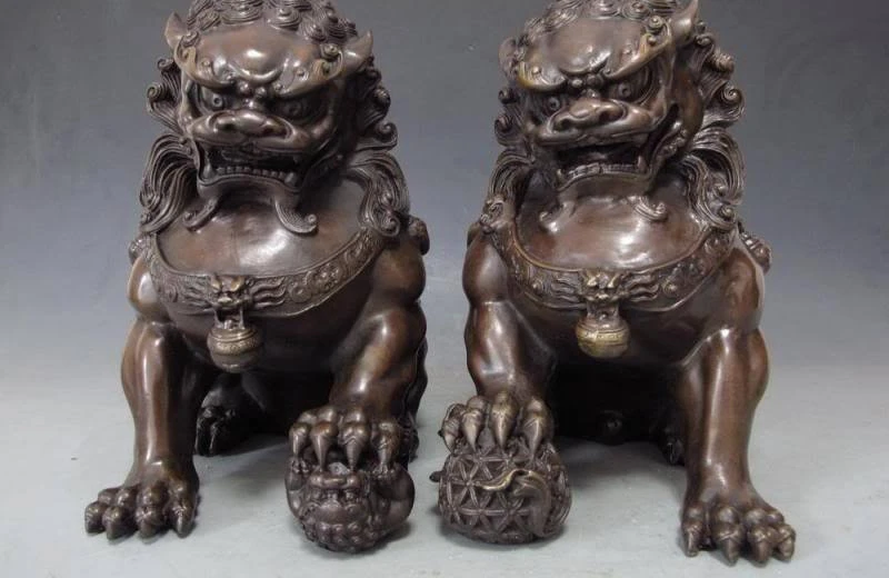 

Chinese Palace Feng Shui Copper Bronze Evil Door Guardian Fu Foo Dog Lion Pair