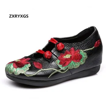 

2019 New Spring Embroidered Cowhide Leather Shoes Wedding Women fashion shoes Increased Within Flat Shoes Non-slip Women Shoes