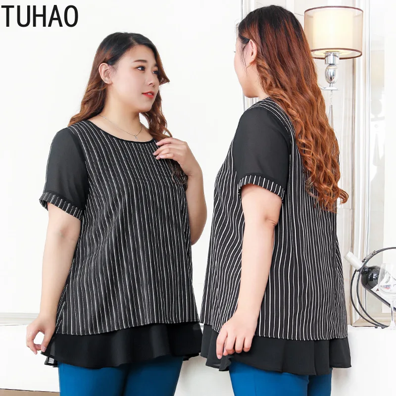 TUHAO винтажная элегантная шифоновая полосатая блузка размера плюс 10XL 8XL 6XL Женская Блузка 4XL Летние черные топы большого размера MS06