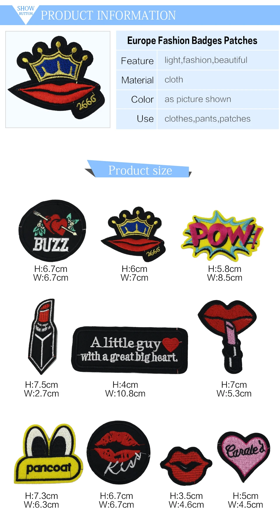 1 Embroidery Patches For Clothing Stickers Crown Lip Kiss Mouth Heart Pow Patch Iron On Badges For Clothes Sew On Badge