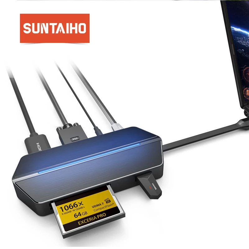

Suntaiho USB Type C Adapter to Hub 8-In-1 for Samsung dex station dex pad Type C USB 3.0 VGA HDMI 3.5m CF SD TF Card for Macbook
