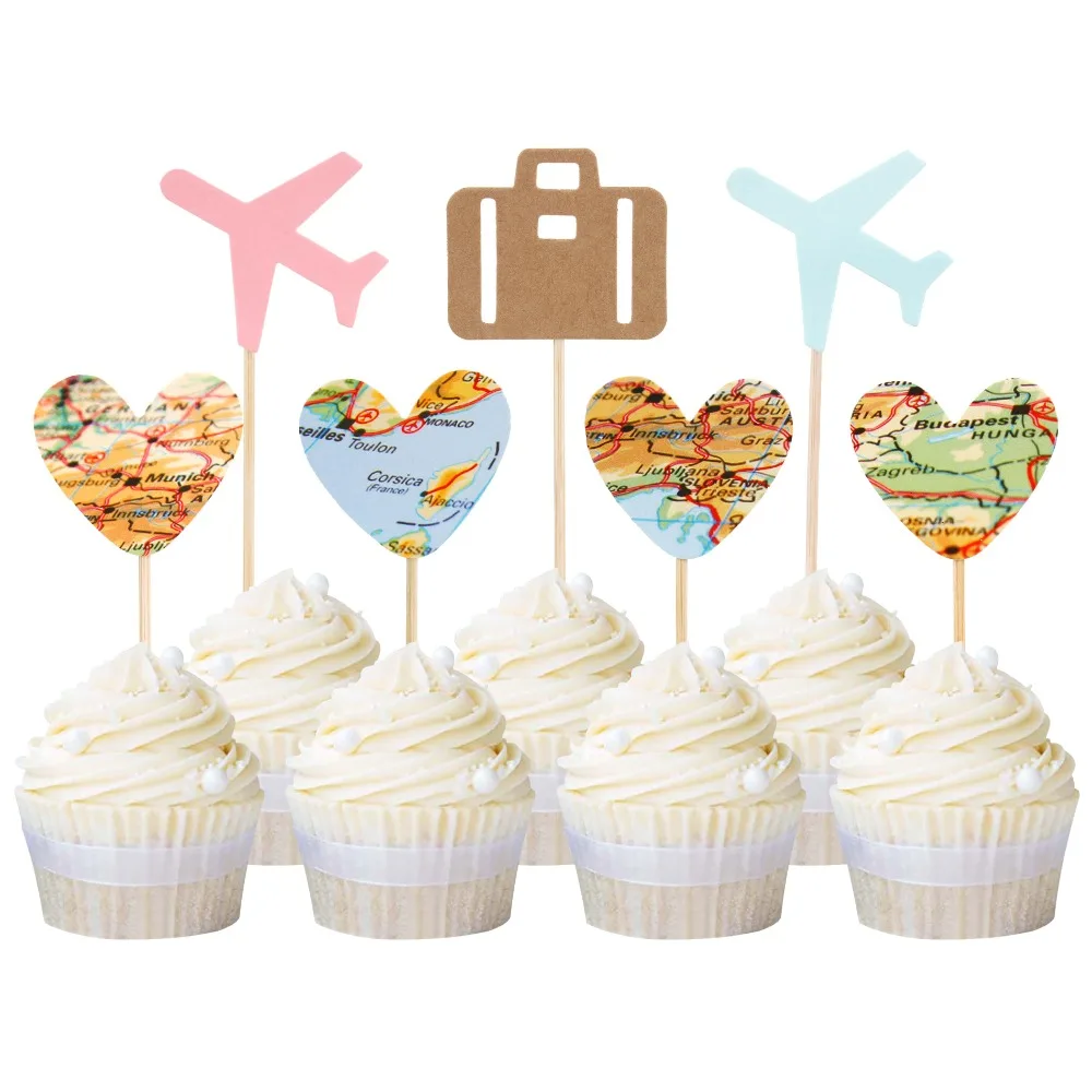 

24pcs Plane Trunk and Map Cupcake Topper Travel Theme Wedding Party Cake Topper Baby Boy Girl Gender Reveal Party