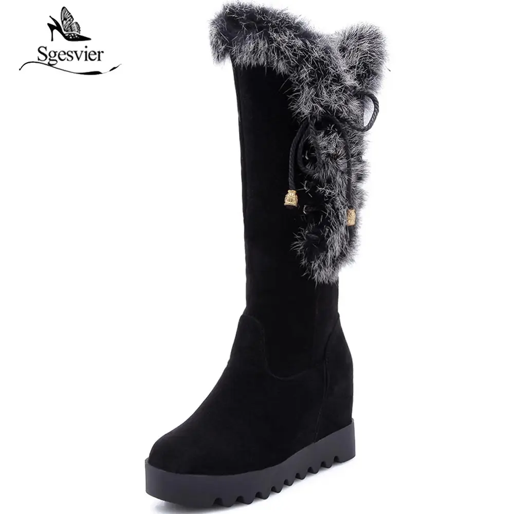 

Sgesvier 2018 Fashion Mid Calf Riding Boots Platform Faux Fur High Wedge Heels Womens Warm Fur Snow Boots Black Brown B763