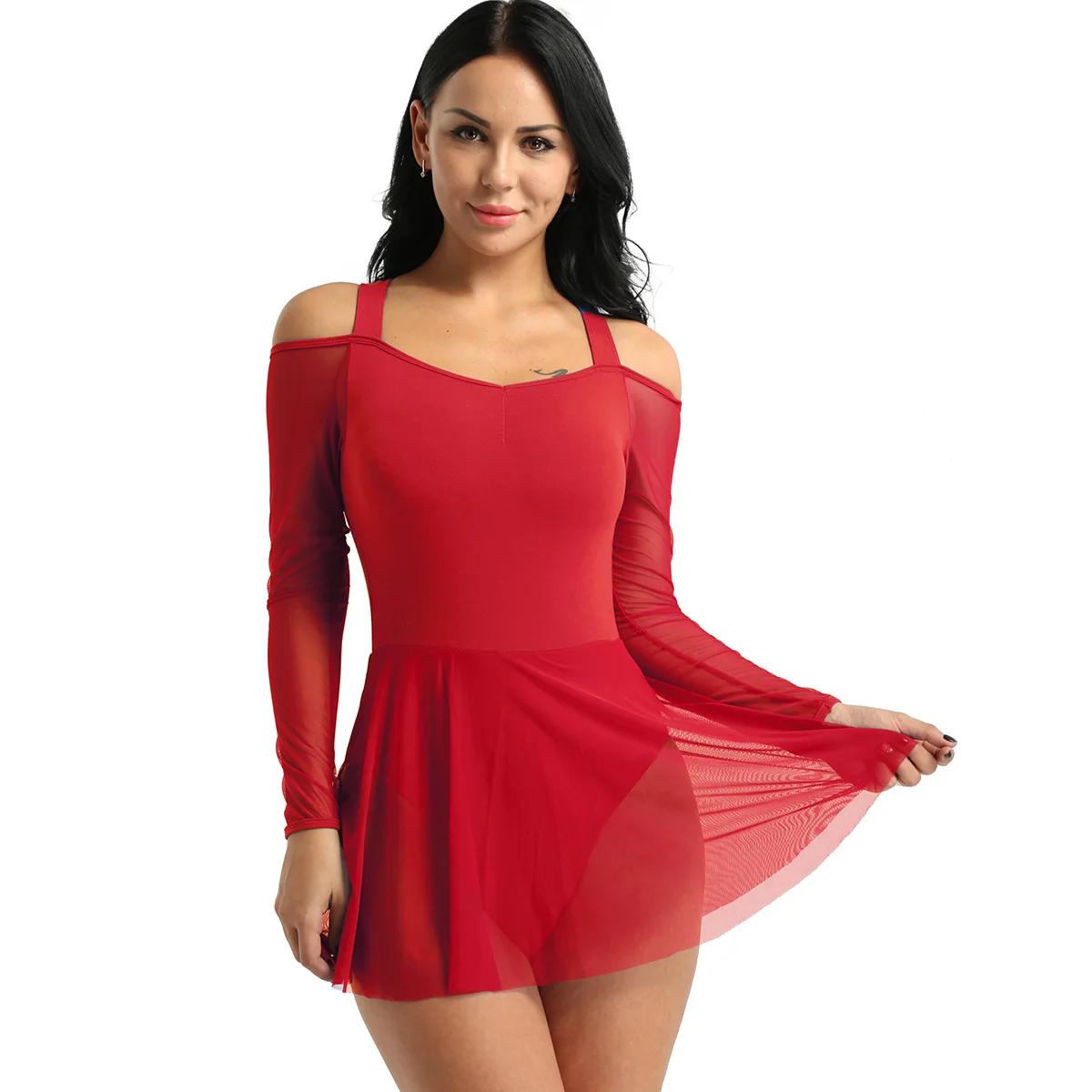 ChicTry Adult Long Sleeves Off The Shoulder Ballet Dress Women Gymnastics Leotards Stage Figure Skating Lyrical Dance Costumes