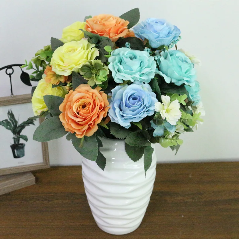 JAROWN Artificial Flowers Silk Plastic Flowers Pinecone Roses Bouquets Flower Bouquet For Wedding Home Party Decoration Decor (10)