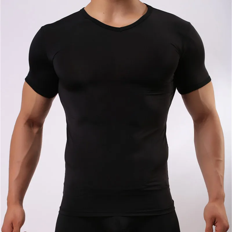 Мужская майка, мужские сексуальные шелковые прозрачные футболки, мужские сетчатые прозрачные майки с круглым вырезом и короткими рукавами, нижнее белье - Цвет: Black (Only Tops)