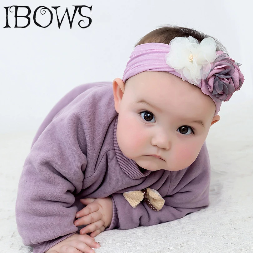 

Chiffon Flowers Headband For Baby Girls Wide Elastic Nylon Hair Band Solid Earband Turban Headwrap Newborn Hair Accessories