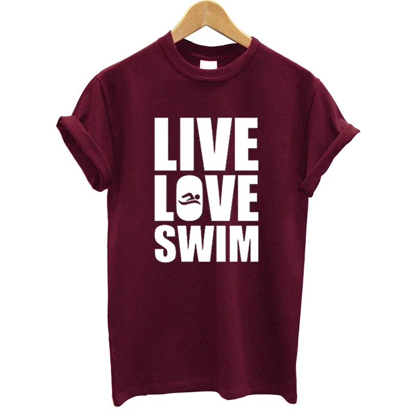 Женская футболка с надписью «Live Love swim», черная, короткий рукав, круглый вырез, забавная летняя одежда, уличная одежда, футболка для женщин, бренд