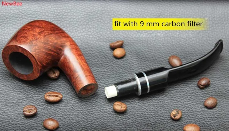10 imported briar wood tobacco pipe with double metal ring deco bent saddle mouthpiece 9mm carbon filter men smoking pipe