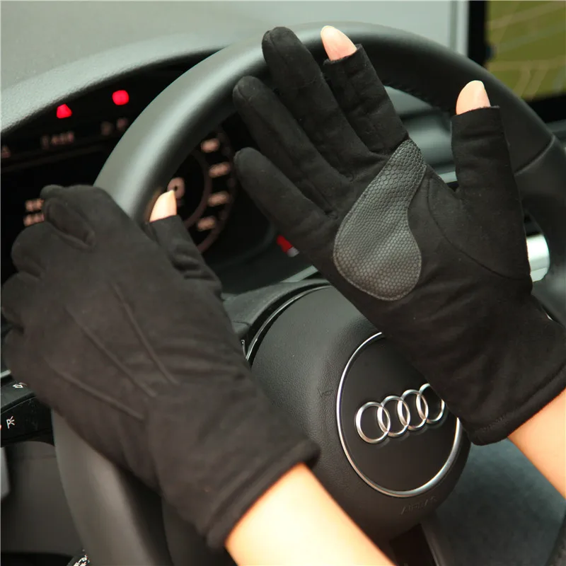 Autumn Winter New 2019 Thicken Plus Velvet Imitation Suede Unisex Man Woman Gloves Exposing Two Fingers Driving Mittens SZ025