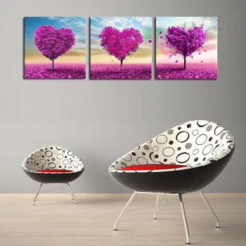 

2017 Hot Sale 3 Pieces Combinated Modern Love Heart Tree Canvas Painting Fashion Purple Heart Tree Wall Decor