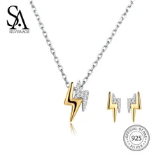 SA SILVERAGE 925 стерлингового серебра Молния Серьги гвоздики ожерелья Ювелирные наборы AAA циркония 925 серебряные серьги ожерелья наборы