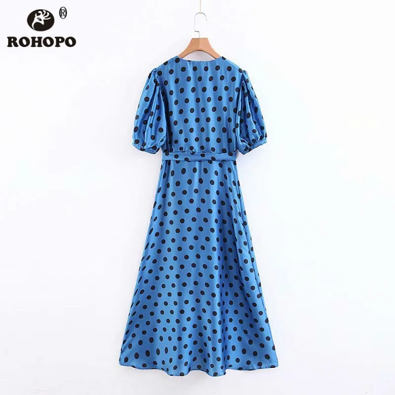 ROHOPO Blue Lantern Short Sleeve Polk Dot Midi Dress Tie Belt Flared V Collar British Tunic Dresses #BM1803