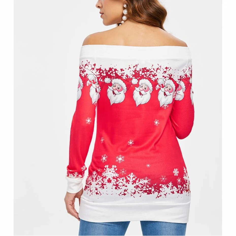 Christmas Sweatshirt Off Shoulder Top Buttons Clothing Womens 2019 New Year Dress Print Santa Cute Autumn Winter Women Pullover (6)