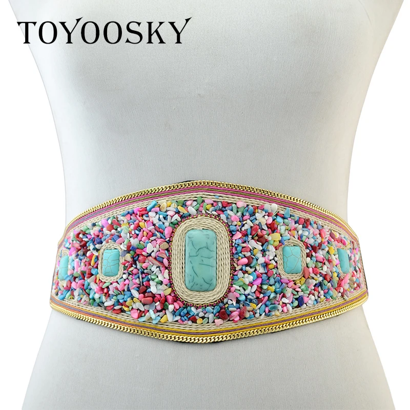 

TOYOOSKY Luxury Ethnic Traditional Bohemian Wide Woman Belt Elastic Strap for Women Jeans Dress Wide Female Belts High Quality