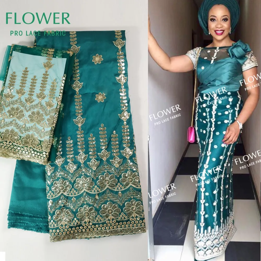 

2018 New Arrival Green George Lace Fabric With 2 Yards Net Lace Sequined Embroidered Guipure George Silk Fabric Wedding Material