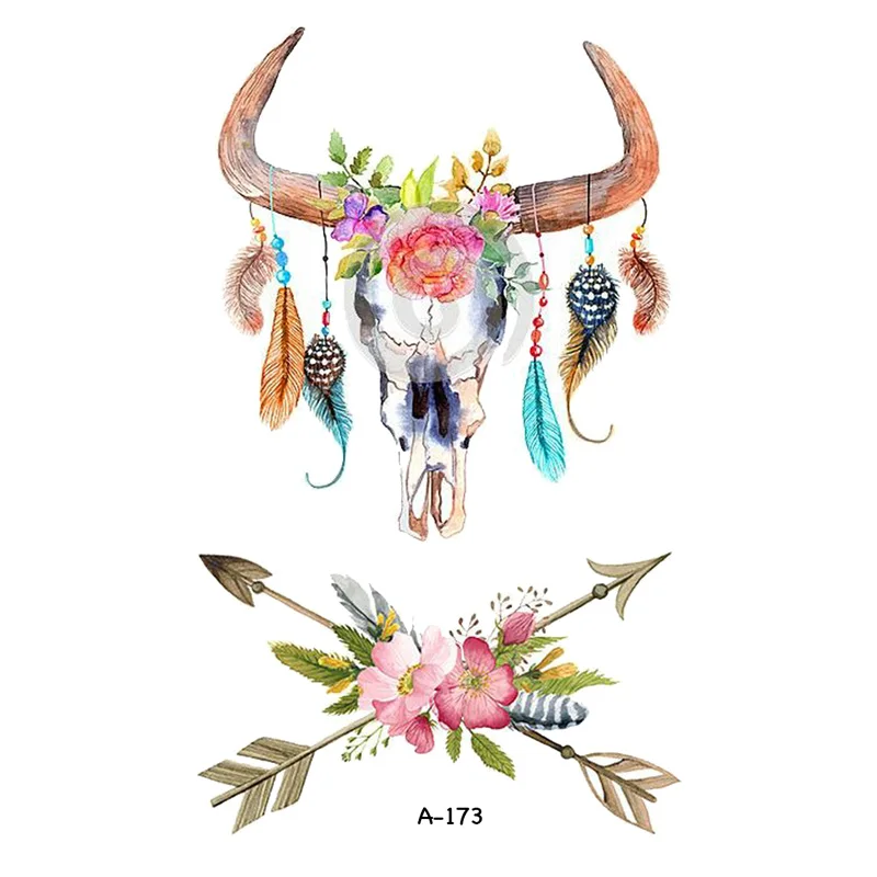 

WYUEN Goat Skull Fake Tattoo Sticker Women Temporary Arrow Feather Arm Tatoo Stickers Men Body Art Tattoos A-173