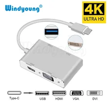 Windyoung USB 3.1 USB C Type C to 4K HDMI VGA DVI USB 3.0 Adapter Cable 4 in 1 for Google Chromebook Pixel Laptop Apple Macbook dzlst 4 port usb type c 3 1 multiport adapter usb c to usb 3 0 usb c hub metal high speed 4 in 1 for macbook google chromebook