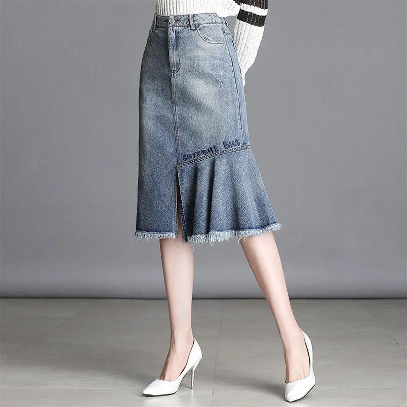 New women skirt Casual irregular Denim Midi Skirt Summer With Pocket fashion Mermaid skirt Slit sweet letter printing Femininas