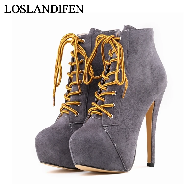 

New High Heels Boots Lady Stiletto Round Toe Ankle Martin Boot Zipper Sexy Women Boots Solid Flock Lace Up Shoes NLK-C0068