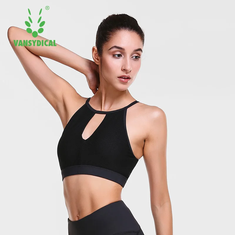 

Vansydical Hanging Neck Sports Bras Women's Sexy Hollow Mesh Gym Yoga Bra Tops Running Shockproof Fitness Vest Underwear