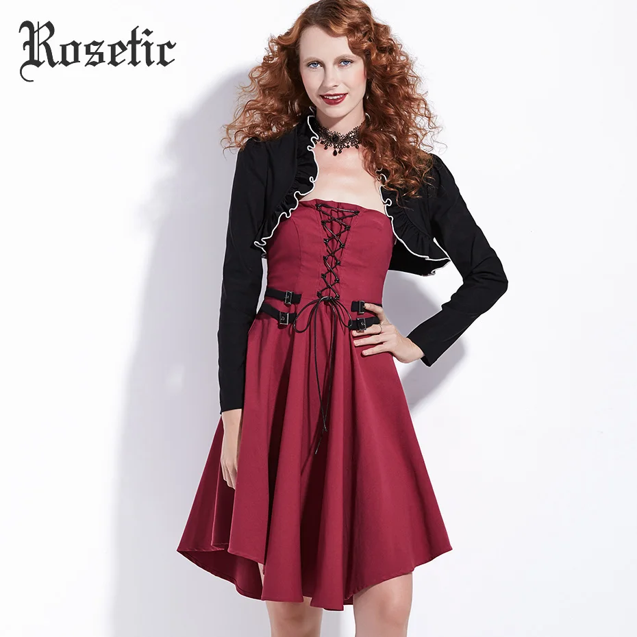 Rosetic Gothic Dress Set Wine Red Women Autumn Lace Up Vintage A Line