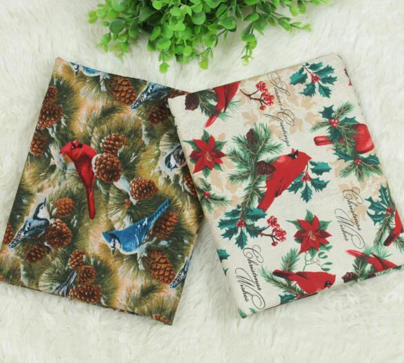 Brand New Design 2 Colors Christmas Bird & Pine Cones Printed Cotton Fabric For Sewing Bedding