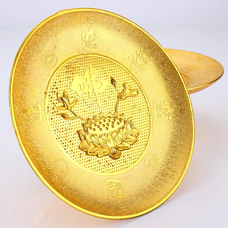 7 Inch Gold Plastic Fruit Plate Noble Buddhist Worship Deities Tray Buddhist Ceremony Noble Money and Treasure Sacrificial Tray