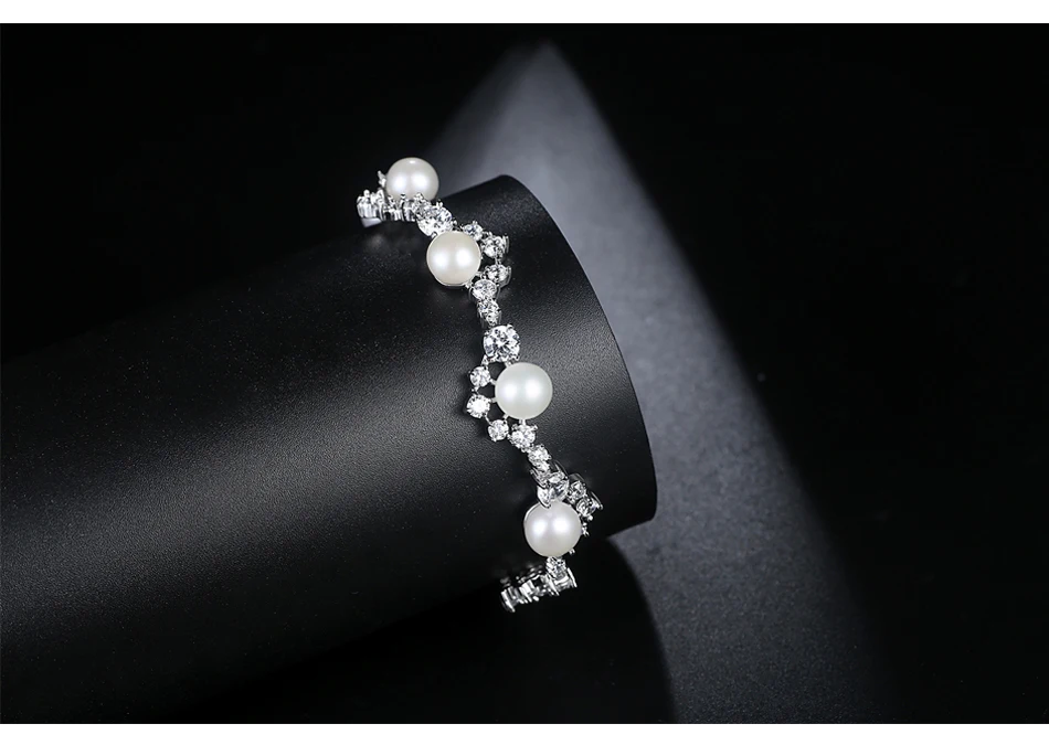 LUOTEEMI Freshwater Pearl Wedding Bridal Bracelet with Cubic Zirconia Crystal Rhinestones Bangles For Women Fashion Accessories