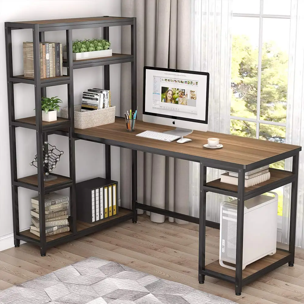 

67" Large Computer Desk with 9 Storage Shelves Study Table Writing Desk Rustic Workstation with Hutch Bookshelf for Home Office