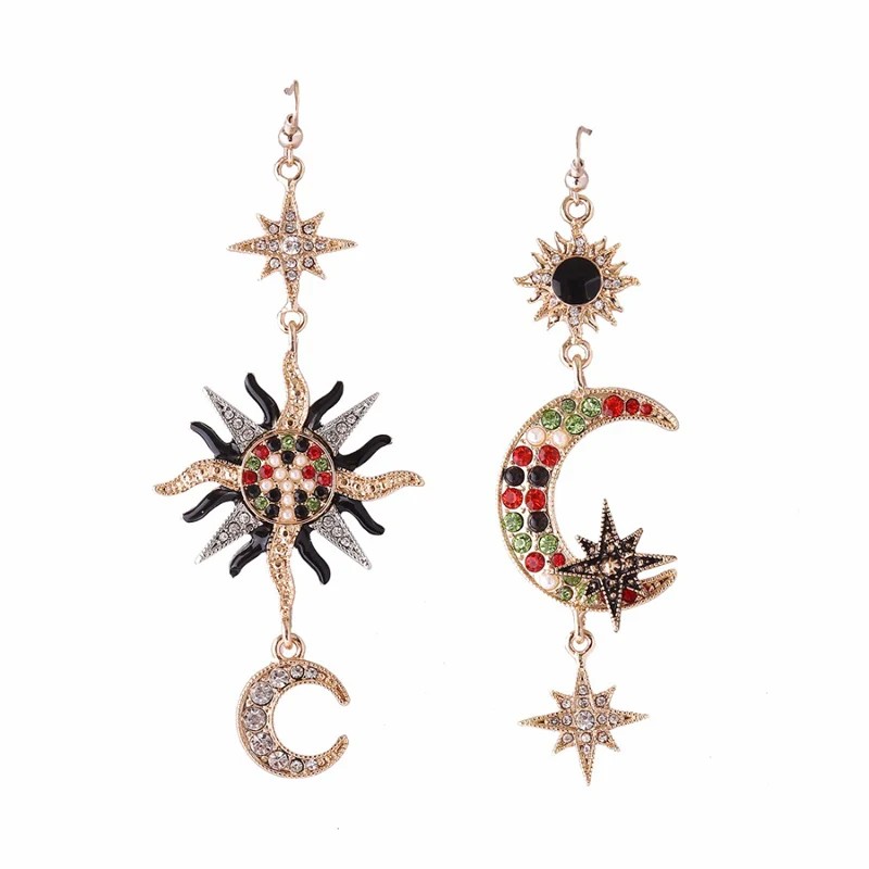 

Rhinestone Statement Earring Sun Moon Long Drop Earrings Gold Color Rhinestone Dangle Earrings for Women Fashion Party Jewelry
