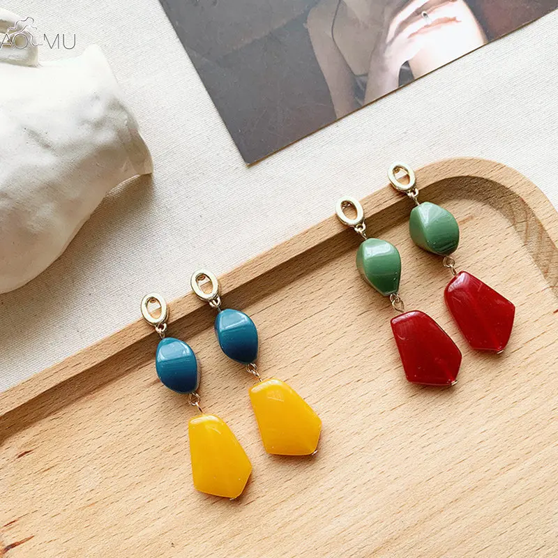 

AOMU Korea Creative Hit Color Acrylic Earrings Geometric Irregular Dangle Long Drop Earrings for Women Female Jewelry