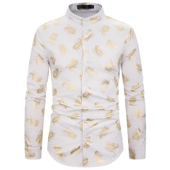 

2019 Men's Night Club Casual Fashion Henry Collar Design Shirt Cashew Nut Embossed Long Sleeve
