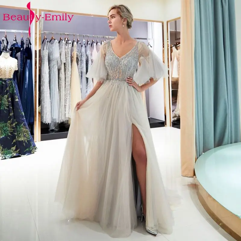 Beauty Emily Long Grey Beads Evening Dresses 2018 Short Sleeve Bodice Open Back Party Prom Dresses Elegant Vestido De Festa Beauty Emily Long Grey Beads Evening Dresses 2018 Short Sleeve Bodice Open Back Party Prom Dresses Elegant Vestido De Festa