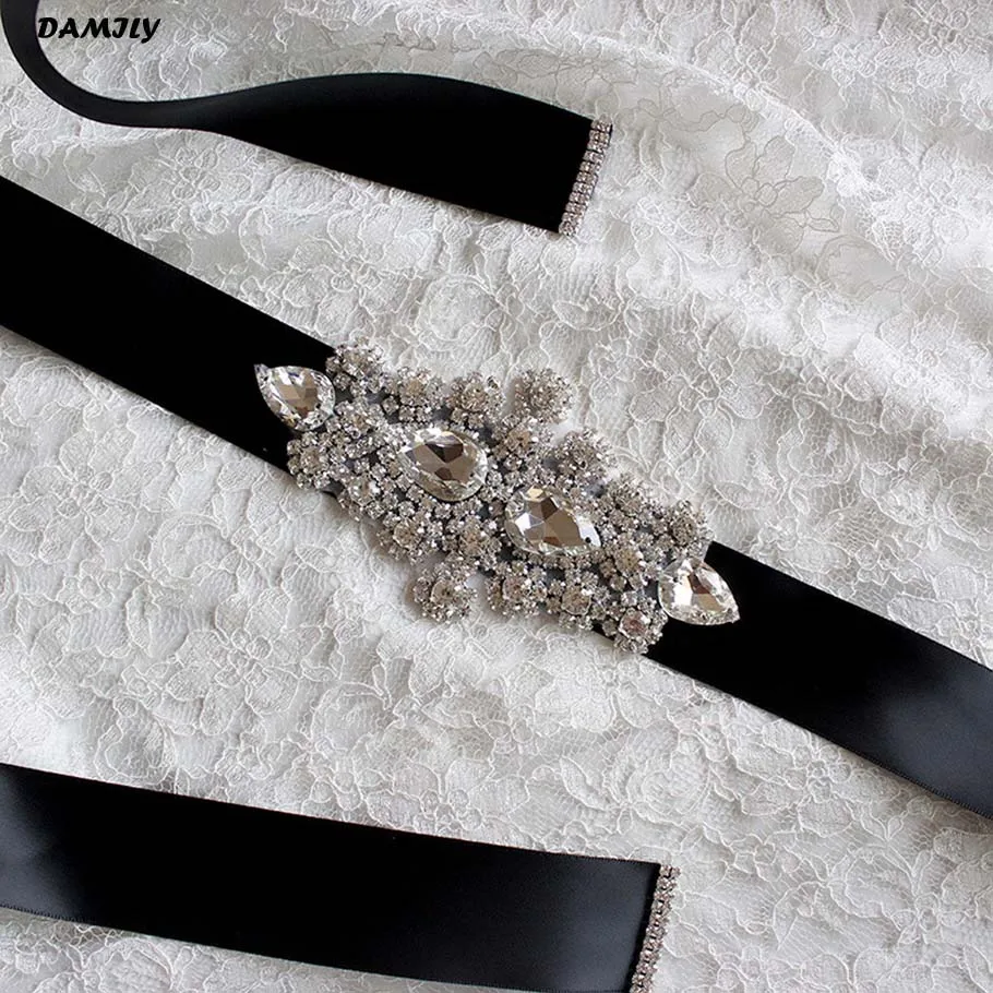 Женский Элитный бренд поясов пояс невесты ручной работы браслет со стразами атласная лента для свадьбы Вечерние невесты пояс платье створки - Цвет: Black