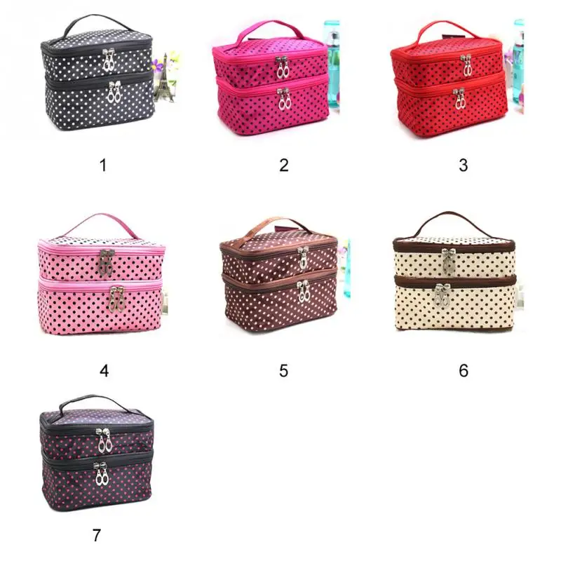 Double Layer Women Travel Toiletry Cosmetic Bag Make Up Case Dots Makeup Tool Storage Bag Multifunctional Organizer#H105