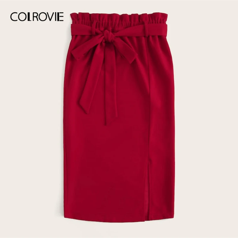 COLROVIE красная Однотонная юбка-карандаш с разрезом, элегантная женская юбка с поясом, весна, высокая талия, жабо, миди юбки, офисные женские юбки