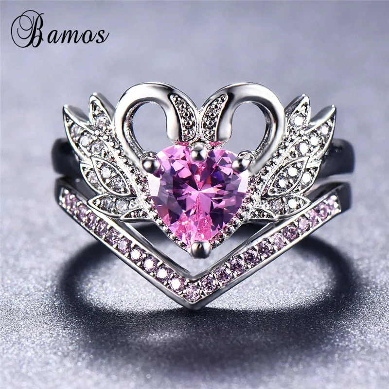 

Bamos Pink/Blue/Purple/Red Heart Ring Sets Romantic Swan Wings Bird Ring Double Wave Rings For Women Girls Animal Jewelry